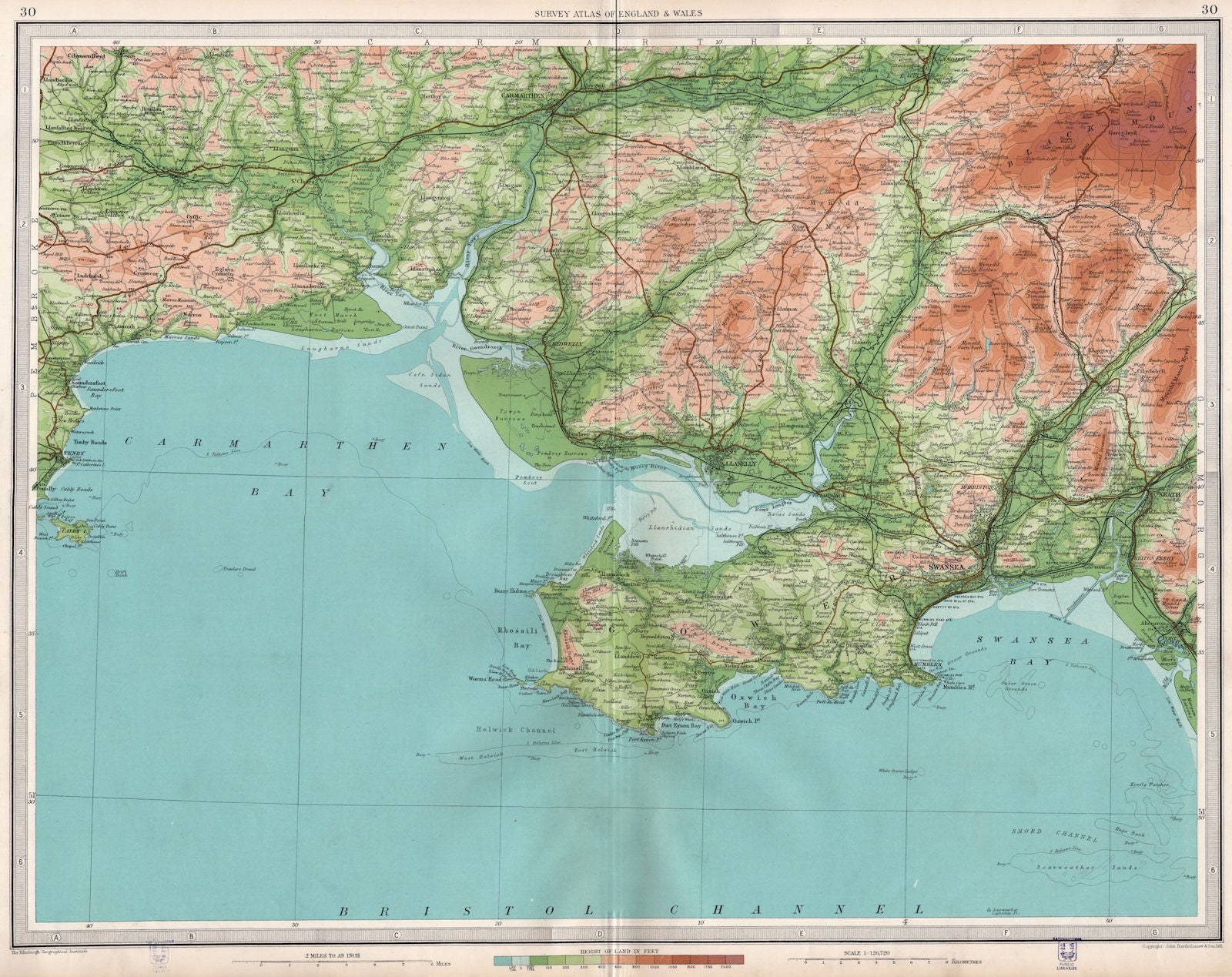 SOUTH WALES. Swansea Carmarthen Gower Llanelly Neath Tenby. LARGE 1939 old map